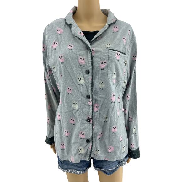 Munki Munki MEDIUM Gray Owl Pajama Sleep Top Long Sleeve Collared Button Up - Picture 1 of 6